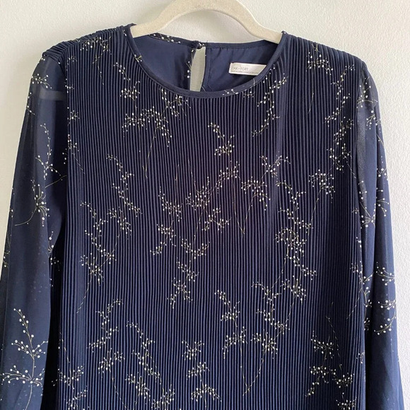 OAK + Fort Blue  and White Pleated Long Sleeve Floral Shift Dress Size S - Picture 3 of 12